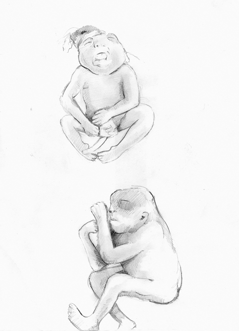 Observational drawings of foetuses in jars at Gordan Museum of Pathology  